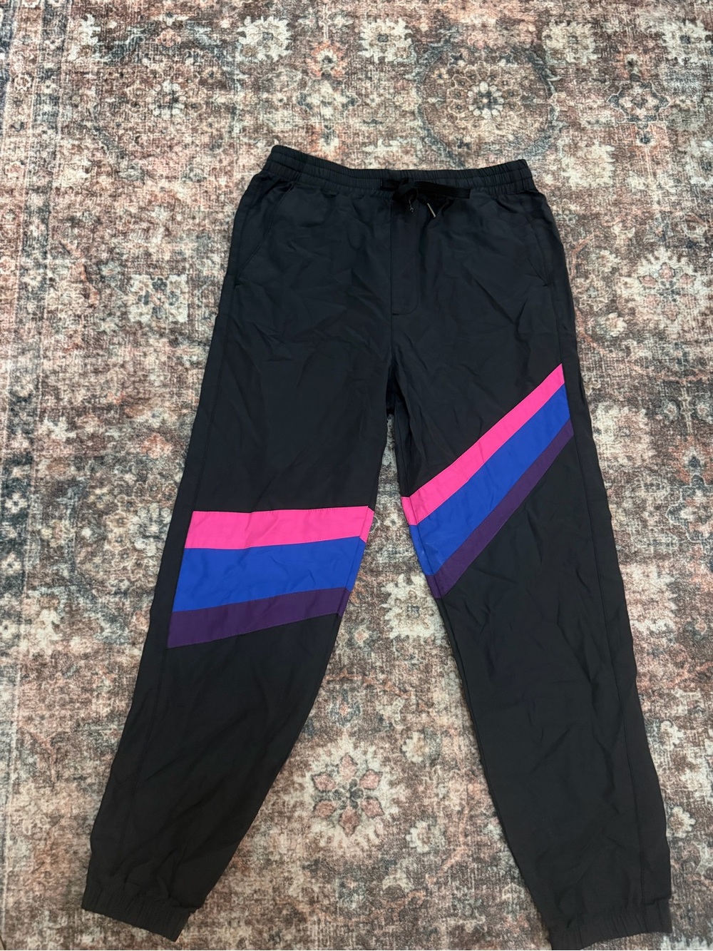 Retro looking PacSun Black Joggers with Pink, Blue & Purple Chevron